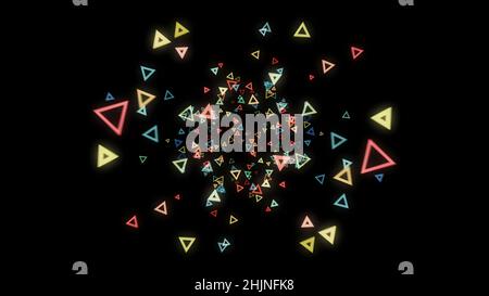 Espace abstrait généré par ordinateur.Arrière-plan abstrait de nombreux triangles de néon multicolores flottant sur un noir. Banque D'Images