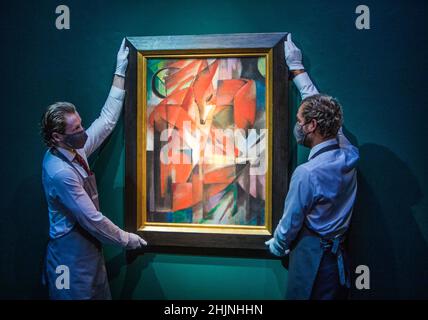 Londres Royaume-Uni 31 janvier 2022 Christies Auctioneers photo Call du chef-d’œuvre 1913 de Franz Marc les renards, qui sera mis en vente chez Christie’s le 1 mars 2022 avec une estimation de pré-vente sur demande (dans la région de £35 000 000).Il sera la pièce maîtresse de Christie’s .Paul Quezada-Neiman/Alay Live News Banque D'Images