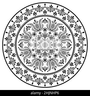 Scandinave floral mandala vector broderie folk art style - Nordic contour rond motif avec fleurs et feuilles en noir sur blanc Illustration de Vecteur