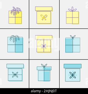 Boîtes-cadeaux bleues et jaunes avec noeuds et rubans.Collection de boîtes-cadeaux.Ensemble simple d'emballages linéaires et plats.Modèles de conception gracieux f Illustration de Vecteur