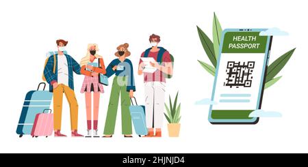 Les jeunes vaccinés avec un passeport numérique covid santé sur écran de téléphone portable.Flat teen voyageurs dans des masques médicaux avec des bagages à l'aéroport avec certificat de vaccination avec code QR pour le voyage. Illustration de Vecteur