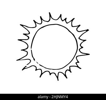 Soleil. Bel objet d'espace.Dessin au style puéril simple.Esquisse de contour.Le dessin manuel est isolé sur fond blanc.Vecteur Illustration de Vecteur