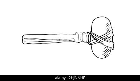 Marteau en bâton et pierre.L'outil de l'homme ancien.Esquisse de contour.Le dessin à la main est isolé sur un fond blanc.Vecteur Illustration de Vecteur