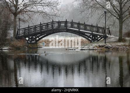 Leipzig, Allemagne.31st janvier 2022.La neige fraîchement tombée se trouve dans le Johannapark de Leipzig.Au cours de la journée, les chutes de neige traversent la Saxe depuis l'ouest.Credit: Jan Woitas/dpa-Zentralbild/dpa/Alay Live News Banque D'Images