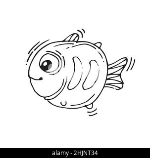 Poisson rond amusant.Personnage animal de dessin animé.Monde sous-marin.Esquisse de contour.Le dessin à la main est isolé sur un fond blanc.Vecteur Illustration de Vecteur