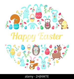 Modèle de carte de vœux Joyeux Pâques avec animaux mignons, œufs de Pâques, fleurs de printemps, coeurs, illustration vectorielle plate. Illustration de Vecteur