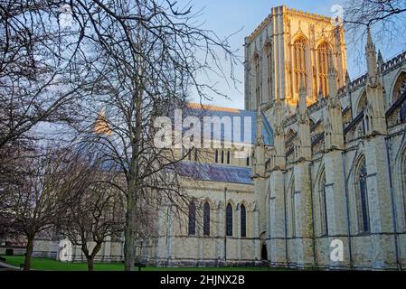 Royaume-Uni, North Yorkshire, York, Central Tower et North face of York Minster depuis Dean's Park Banque D'Images