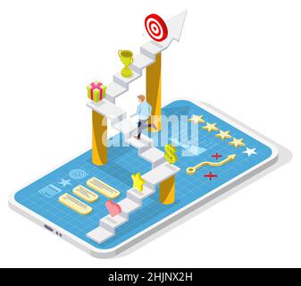 Contenu interactif de gamification, illustration isométrique vectorielle.L'engagement des consommateurs, l'attraction des clients avec des récompenses Illustration de Vecteur