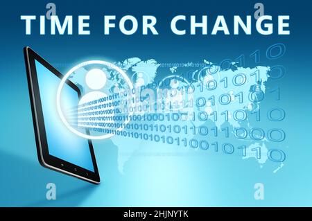 Il est temps de changer : texte avec icônes de réseaux sociaux et tablette sur fond bleu de carte du monde numérique.3D Illustration de rendu. Banque D'Images