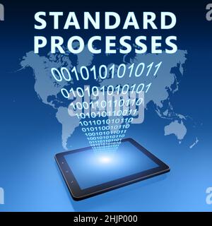 Processus standard - texte avec tablette sur fond bleu de carte numérique du monde.3D Illustration de rendu. Banque D'Images