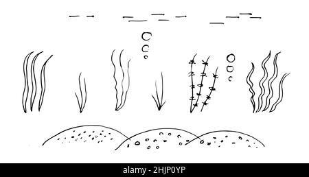 Ensemble d'objets du monde sous-marin.Esquisse de contour.Le dessin à la main est isolé sur un fond blanc.Vecteur Illustration de Vecteur