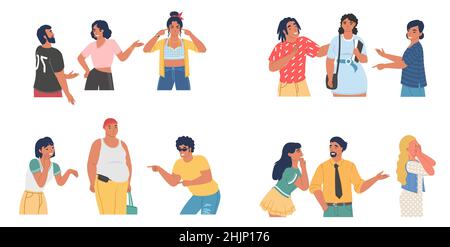 Les gens répandant des rumeurs, riant, victime d'intimidation, illustration à vecteur isolé. Moquerie, violence, conflit. Illustration de Vecteur