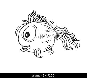 Poisson rond amusant.Personnage animal de dessin animé.Monde sous-marin.Esquisse de contour.Le dessin à la main est isolé sur un fond blanc.Vecteur Illustration de Vecteur