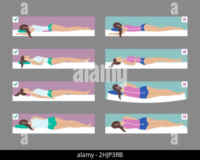 Poses de sommeil.Anatomie incorrecte et correcte pour la pose sur la position du corps de la table sur le matelas infographies médicales illustrations récentes à plat vectorielles Illustration de Vecteur