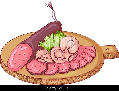 Illustration vectorielle de produits à base de saucisses sur une planche à découper isolée sur du blanc.Tranches de viande et de saucisse.Icône nourriture.Design pour cuisiner Illustration de Vecteur