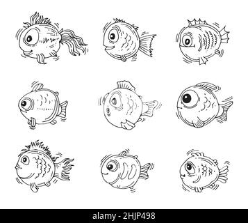 Ensemble de poisson rond amusant.Personnage animal de dessin animé.Monde sous-marin.Esquisse de contour.Le dessin à la main est isolé sur un fond blanc.Vecteur Illustration de Vecteur