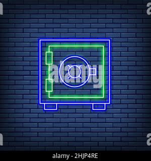 Coffre-fort de la banque Vector, dépôt d'argent, coffre-fort, panneau néon de boîte de sûreté. Illustration de Vecteur