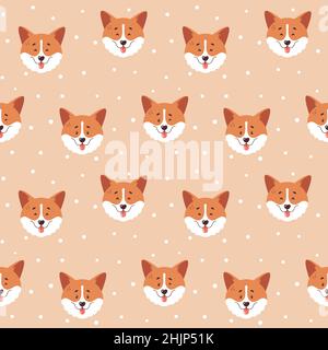 Motif sans couture Corgi.Visages gallois souriants et arrière-plan à pois.Joyeux chien personnages.Illustration vectorielle. Illustration de Vecteur