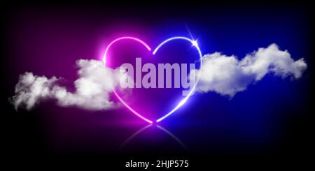 Cadre en forme de coeur lumineux au néon, illuminant les nuages doux dans l'illustration vectorielle du ciel sombre.3d forme de coeur réaliste de couleur néon bleu et rose électrique et br Illustration de Vecteur