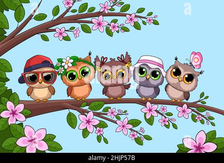 Hibou sur l'arbre.Chouette chouette chouette chouette chouette chouette, sur une branche en bois avec des feuilles.Printemps oiseaux drôles ensemble, amitié et relation.Animaux sauvages de la forêt Illustration de Vecteur