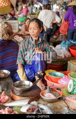 Une femme vietnamienne prépare du poisson sur un marché alimentaire à Hoi an, province de Quang Nam, centre du Vietnam, Asie du Sud-est Banque D'Images