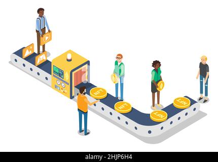 NFT Minting. Tapis roulant transformant l'art numérique en objets de collection crypto sur chaîne de blocs Ethereum, illustration vectorielle. Illustration de Vecteur