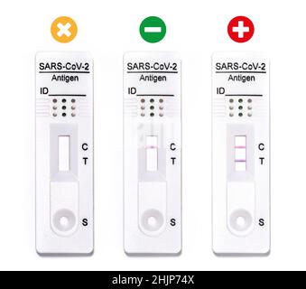 Test rapide COVID-19 antigènes Résultats nuls, négatifs et positifs réactif basé sur l'immunochromatographie des anticorps pour détecter les infections Banque D'Images