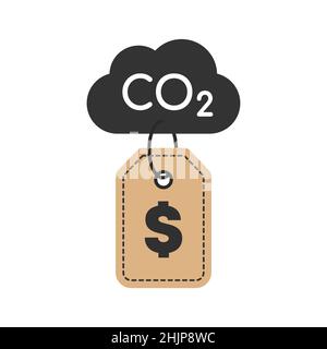 Étiquette de prix attachée à un nuage CO2.Idée du coût du dioxyde de carbone.CO2 compensation des émissions.Concept zéro émission.Idée de taxe carbone.Vecteur environnemental Illustration de Vecteur