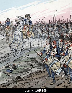 Campagne d'Italie (1799-1800) Napoléon Bonaparte (1769-1821) landes de la bataille de Marengo le 14 juin 1800 (bataille de Marengo le 14 juin 1800 entre les forces françaises sous le Premier Consul Napoléon Bonaparte et les forces autrichiennes près de la ville d'Alessandria, dans le Piémont, en Italie)Illustration de Job (1858-1931) tiree de 'les mois historiques du pays de France' 1896 Collection privee Banque D'Images