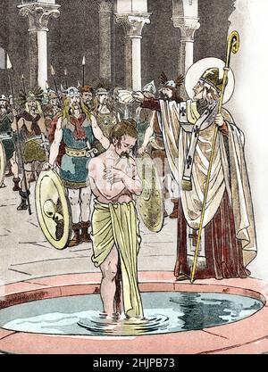 'Représentation du baptême de Clovis Ier roi des Francs (466-511) le 25 décembre 496 par l'eveque de Reims saint Remi se convertissant ainsi a la religion chretienne' (Bapteme de Clovis 1er dans la Cathédrale de Reims le 25 décembre 496, par Saint Remi, eveque de Reims)Illustration de Job (1858-1931) tiree de 'les mois historiques du pays de France' 1896 Collection privee Banque D'Images