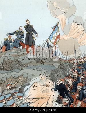 'J'y suis d'y reste' citation prétee au général francais Mac Mahon apres la prise de la redoute de Malakoff le 7 septembre 1855 lors du siège de Sebastopol suspendu à la guerre de Crimée (Siège de Sébastopol (1854–1855) pendant la guerre de Crimée :général français MacMahon) lacuration de Job (1858-1931) tiree de 'les mois historiques du pays de France' 1896 Collection privee Banque D'Images