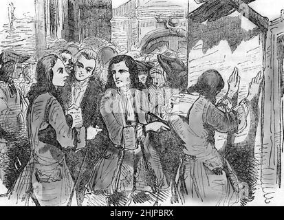 Système économique : la rue Quincampoix a Paris au temps de la Banque de droit - John Law crea les billettes de banque (paper-monnaie) - son syteme a ete mis en place en France, sous la régence de Philippe d'Orléans, de 1716 a 1720,Dans le mais de liquider la dette laissee par Louis XIV (vue de la rue Quincampoix avec les spéculateurs à l'époque du système de John Law, économiste écossais, développé entre 1716 et 1720 à Paris) Gravure tiree de 'les rues-de-Paris' de Pierre Zaccone, 1859 Collection privee Banque D'Images