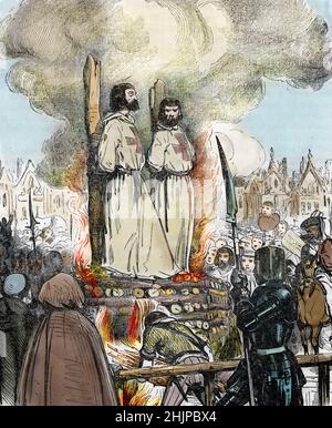 Le sous-programme des Templiers - Jacques de Molay et Geoffroy de Charnay sur le bucher :- jacques de Molay (Molai) grand maître de l'ordre des Templiers et plusieurs de ses compagnons sont accuses d'hérésie et de debauches par le roi Philippe IV dit le bel et le Mars 41314 a Paris (Jacques de Molay et Geoffroy de Charnay sur le pieu 1314) Gravure tiree de 'les rues-de-Paris' de Pierre Zaccone, 1859 Collection privee Banque D'Images