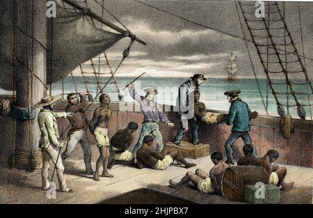 Bateau Negrier, esclaveage, Scene de violence infligee aux esclaves battu a mort puis jetes par dessus bord, commerce d'etres humains, commerce triangulaire, traite des Noirs (bateau d'esclavage, esclavage, scène de violence infligée à des esclaves battus à mort puis à bord, traite des êtres humains, commerce triangulaire, traite des esclaves)Gravure tiree de 'Histoire des naufrages' de Alfred Driou 19eme Siecle Collection privee Banque D'Images