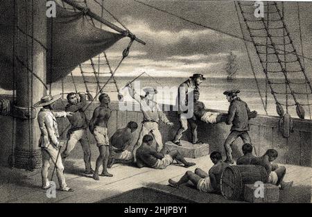Bateau Negrier, esclaveage, Scene de violence infligee aux esclaves battu a mort puis jetes par dessus bord, commerce d'etres humains, commerce triangulaire, traite des Noirs (bateau d'esclavage, esclavage, scène de violence infligée à des esclaves battus à mort puis à bord, traite des êtres humains, commerce triangulaire, traite des esclaves)Gravure tiree de 'Histoire des naufrages' de Alfred Driou 19eme Siecle Collection privee Banque D'Images