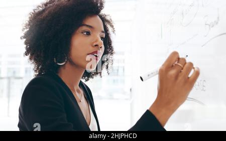 Soyez prêt à saisir les occasions qui se offrent à vous.Photo d'une jeune femme d'affaires en stratégie sur un tableau blanc dans un bureau moderne. Banque D'Images