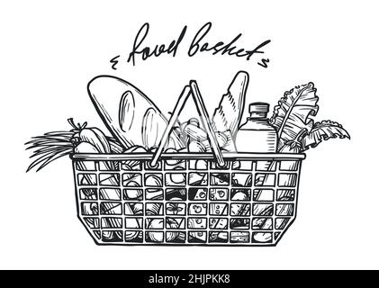 Panier de supermarché avec nourriture biologique.Épicerie.Illustration vectorielle dessinée à la main Illustration de Vecteur