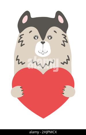 Mignon chien de dessin animé chiot loup husky animal tient un coeur signe avec espace de copie. Mettre la carte de voeux de Saint Valentin bannière invitation brochure circulaire. Dessin animé à la main style.Petits animaux animaux animaux de compagnie dans l'amour, déclaration d'amour. Illustration de Vecteur