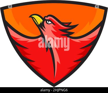 Phoenix volant dans un modèle de logo vectoriel abstrait de forme de bouclier.Illustration de la mascotte d'oiseau de feu pour les emblèmes de l'équipe sportive, les étiquettes de ligue, etc. Isolé Illustration de Vecteur