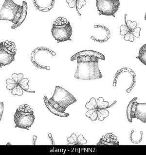 Chapeau de Lepretchun dessiné à la main, fer à cheval et pot au Trésor, motif de fond sans couture vectoriel avec feuilles de trèfle.Esquisse de salutation pour la fête de Saint Patrick Illustration de Vecteur