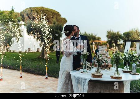 Coupe de gâteau pendant la cérémonie de mariage avec feux d'artifice en arrière-plan Banque D'Images