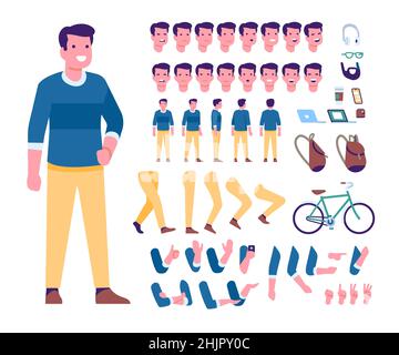 Kit personnage mâle de dessin animé.Homme dans des vêtements décontractés.Constructeur humain.Création de type.Expressions et gestes du visage.Vues différentes.Vélo et Illustration de Vecteur