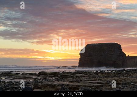 Marsden Rock est une pile de 90ft hautes eaux calcaires qui se trouve juste au large de la côte de la mer du Nord, à Marsden Bay, près de South Shields, dans le sud du Tyneside. Banque D'Images