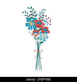 Bouquet de fleurs abstraites isolé.Bouquet de différentes fleurs fraîches de prairie et de feuilles de plantes.Illustration vectorielle plate. Illustration de Vecteur
