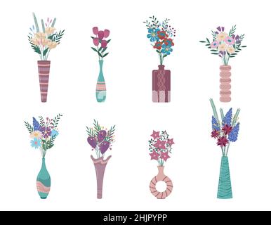 Fleurs en vases vecteur ensemble.Collection plate de cruches et vases en céramique boho tendance avec bouquets de fleurs.Éléments de conception intérieure isolés. Illustration de Vecteur