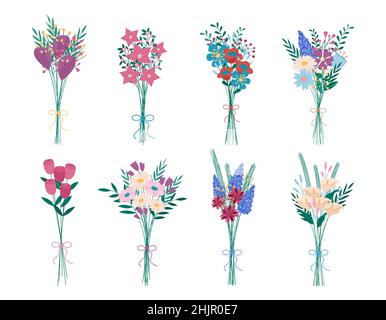 Bouquets de fleurs ensemble vectoriel.Collection de compositions florales fraîches isolées.Fleurs de prairie et de fleurs abstraites, camomille sur le backgro blanc Illustration de Vecteur