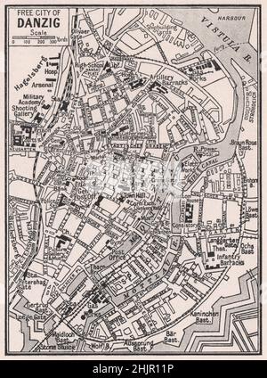 Plan de rue de la ville protégée par l'eau. Pologne. Danzig Gdansk (1923 carte) Banque D'Images