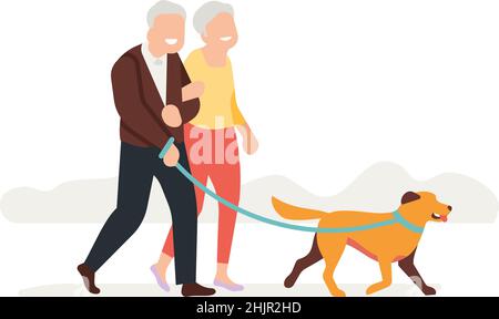 Chien de marche vieux couple.Les aînés qui sortent Illustration de Vecteur