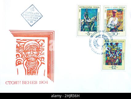 Lettre de couverture du premier jour imprimée par la Bulgarie, avec des timbres annulés qui montrent des peintures de Stoyan Venev, vers 1984. Banque D'Images