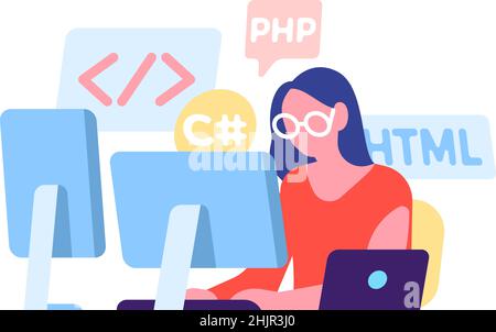 Femme codant dans différents langages de programmation.Travail du programmeur Illustration de Vecteur
